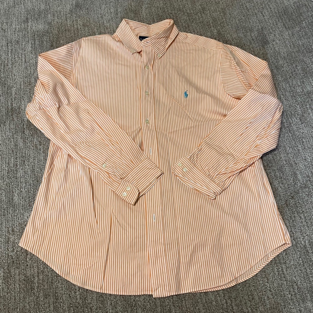 Ralph Lauren Men's Orange White Stripe Classic Fit Button Down Shirt 16 34/35